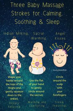 three baby massage strokes for calming, soothing and sleep with the caption above it