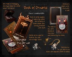 an advertisement for a game called deck of dreams with various items and instructions on it