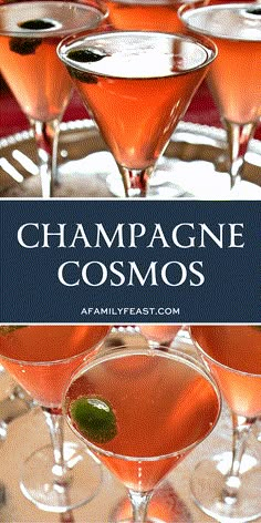 champagne cosmos with lime garnish in martini glasses on a platter