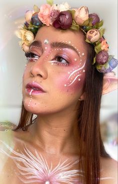 Fairy Body Makeup, Ren Faire Face Paint, Fairy Inspo Makeup, Fairy Face Paint Women, Spring Fantasy Makeup, Nature Fairy Makeup Ideas, Spring Goddess Makeup, Flower Elf Costume, Elfish Makeup