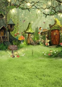 an image of a fairy forest scene with mushrooms and houses in the grass, lights strung from tree branches