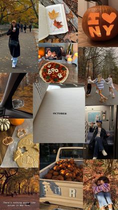 a collage of photos with pumpkins, food and people