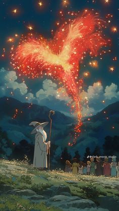 an animated image of a wizard standing in front of a heart shaped firework