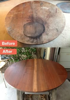 before and after pictures of an old table