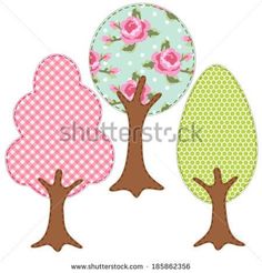 three trees with pink flowers and green leaves on the branches, one is painted in different colors