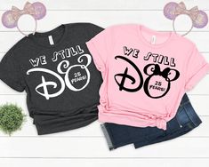 "We Still Do25 Years Shirt, Mickey Minnie Shirt,Disney Shirt,Wedding Gift,Couple Shirt,Honeymoon Shirt, Engagement Gift, Custom Year Shirt HOW TO ORDER 1. Select shirt style, size, letterings and quantity. 2. Enter the shirt color and the text color for your design in the personalization box (see images for options). 3. Click \" Buy it now\" or \"Add to cart\". 4. Want more? Go back to listing and repeat. 5. Complete checkout. Confirm your address and select your flat rate shippingoption. SHIRT Disneyland Anniversary Shirts, Disney Wedding Anniversary, Disney Shirt Ideas Couples, Disney Date Outfit, Casual Pink Shirt For Disney Fan Events, Disney Honeymoon Shirts, Universal Christmas, Disney Anniversary, Boyfriend Stuff