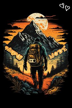 a man with a backpack is walking through the woods in front of an orange sunset