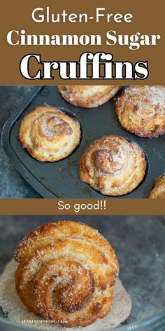 These big, flaky but soft gluten free cinnamon sugar cruffins make a great breafkast treat. They are a cross between a croissant and a muffin...and it is fun to unwind the spirals as you eat them. If you are looking for a delicious baking recipe, this is a great recipe. Gf Croissant Recipe, Gluten Free Puff Pastry Ideas, Gf Muffins Recipes, Gluten Free Muffins Recipes, Gluten Free Flour Recipes, Gluten Free Quick Bread Recipes, Gf Pastry, Gf Treats, Glutenfri Baking