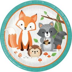 a paper plate with an image of two foxes and hedgehogs on the front