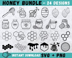 honey bundle with 24 designs to print on the front, and below it is an image of