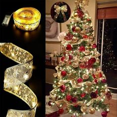 christmas tree decorated with gold and red baubles, lights and ribbon for decoration