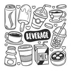 a black and white drawing of beverages with the words beverage written in front of them