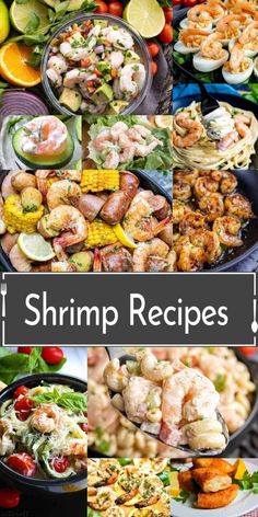 shrimp recipe collage with pictures of different types of food