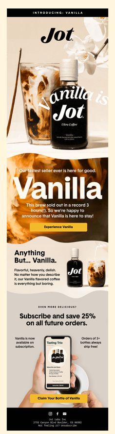 an advertisement for vanilla ice cream, with the words vanilla written in black and white