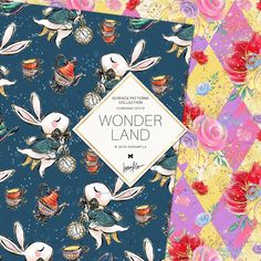 the alice in wonderland book cover is shown with colorful flowers and rabbits on blue background