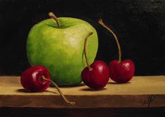 a painting of an apple and three cherries on a wooden table with black background