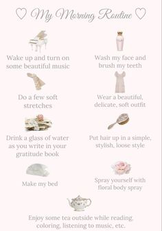 Elegant Routine, Soft Princess, Selfcare Morning Routine, How To Be A Princess Aesthetic, Morning Pictures Aesthetic, Feminine Morning Routine, Princess Guide, Morning Routine Skincare, Princess School