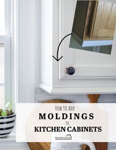 a kitchen cabinet with the words molding's to kitchen cabinets above it and below