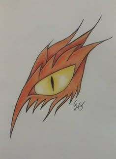 a drawing of an orange cat's eye with red and yellow flames on it