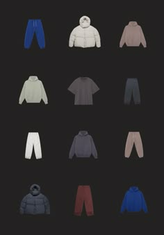 an assortment of clothing on a black background with the words, all in different colors