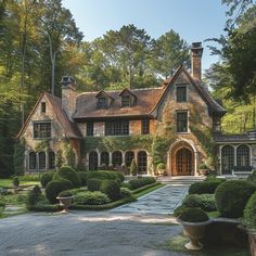 a large brick house surrounded by greenery and stone walkways in front of it