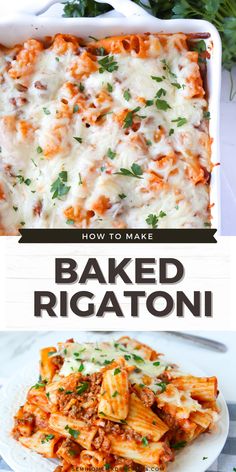 baked rigatoni in a white casserole dish with text overlay