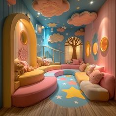 Discover playful and practical paint ideas for children's rooms. Explore how whimsical themes, bold colors, and soothing sanctuaries can transform your child's space into a world of imagination and comfort. Get inspired to create a room that's as unique as your little one. Play Room Wall Painting, Pastel Playroom Ideas, Kids Room Painting Ideas, Age Reggresion Room, Kids Room Paint Ideas, Art Stations, Chalkboard Walls, Cool Kids Rooms, Kids Room Murals