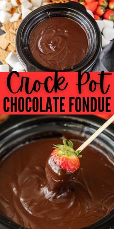 chocolate fondue with strawberries on top in a black crock pot and text overlay that reads, stock pot chocolate fondue