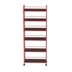 a red metal shelf with four shelves on each side and two black bins in the middle