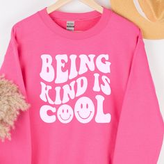 being kind is cool! This comfy sweatshirt is perfect for pink shirt day and every other day of the year!  COLOUR This cozy crew come in bright pink and light pink Font Colours Include: Light Pink Neon Pink Aqua Blue WASH + DRY We suggest washing your piece inside out every time in cold water, and with like colours. Hang to dry. Do not iron directly on graphic. MAIL Each Brighter Days Tie Dye item is custom made with love and attention. We aim to ship orders as soon as possible, but please note the Estimated Delivery Date when you finalize your order. Pink Shirt Day Shirts, Oversized Pink Sweatshirt For Everyday, Pink Shirt Day Quotes, Pink Long Sleeve Sweatshirt For Everyday, Pink Shirt Ideas, Neon Pink Shirt, Trendy Pink Sweatshirt For Everyday, Trendy Pink Everyday Sweatshirt, Trendy Pink Sweatshirt