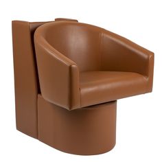 a brown leather chair sitting on top of a white floor