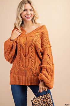 SWEATER LOVE || COMFY COZY Super soft, warm chunky cable knit fabric Can be worn on or off the shoulder V-Neckline Ribbed cuffs and hem Puff sleeve 80% Acrylic, 20% Polyester Fits true to size, oversized fit Measurements approximately: Small: Bust 42", Length 27" Medium: Bust 45", Length 27" Large: Bust 48", Length 27" Fall Cable Knit Cropped Sweater, Chunky Sweater Nordstrom, Affordable Knit Sweater For Fall, Affordable Bohemian Fall Sweater, Cozy Sweater Fire Oics Fall, Rust Chenille Sweater, Cozy Orange Sweater, Cheap Cozy Fall Sweater, Cheap Oversized Orange Sweater