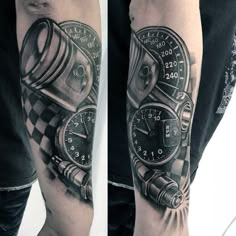 a man's arm with an old timey tattoo on it and a clock