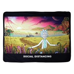 a blanket with the cartoon character rick rick on it, in front of a landscape