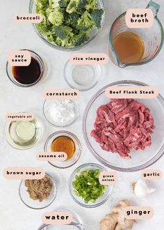 the ingredients for broccoli salad laid out on a white counter top with text overlay