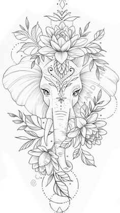 an elephant with flowers on its head and leaves around it's neck, in the middle