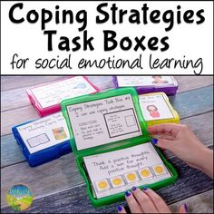 Use these coping strategies task boxes to practice social emotional learning skills in a hands-on and interactive way! Skills targeted include matching, identifying, and choosing coping skills. A total of 12 task boxes are included, each with 12 cards. These would be an ideal way for educators to ta... Vocational Tasks, Coping Skills Activities, Social Skills Lessons, Life Skills Classroom, Social Emotional Activities, Social Skills Groups, Social Emotional Learning Activities, Learning Skills, Social Thinking