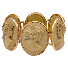 This chunky bracelet is made up from 6 oval camei carved in high relief out of toffee coloured lava in 1850/1860 ca. The six profile busts represent different beauties in the antique manner. each cameo meassures 3.5 x 3 cm. The camei are in fine condition. Cameo Bracelet, Chunky Bracelet, Chunky Bracelets, High Relief, Toffee, Arm Band, Jewelry Bracelets, Carving, Bracelet