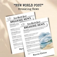 the front and back pages of breaking news are shown in two different styles, one with watercolors on it