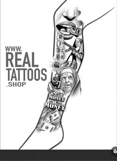 the real tattoos shop logo is shown in this black and white photo, with an image of