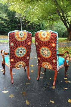 Elevate your home decor with this stunning set of Chakra Chairs. Crafted with vintage walnut frames, these chairs feature elegant Shepard’s Crook scroll arms, cabriole legs, and custom upholstery. Adorned with lavish embroidered textiles, cozy velvets, and intricate woven medallions, these chairs are a statement piece for dining rooms or stylish spaces. The ivory-stitched medallions on the back create a multi-dimensional look, while the included turquoise lumbar pillows add a pop of color. Perfect for making a splash in any room. Dimensions in photos. Shop now for timeless elegance! #chakrachairs #vintagefurniture #luxuryhomedecor #customupholstery