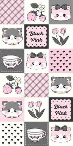 a pink and black checkered wallpaper with cute animals on it's side