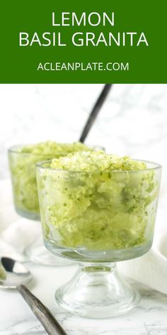 lemon basil granita in a glass bowl with spoons