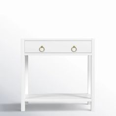 a white table with two drawers on one side and an open drawer on the other