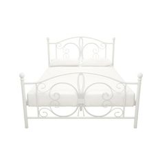 a white metal bed frame with no headboard