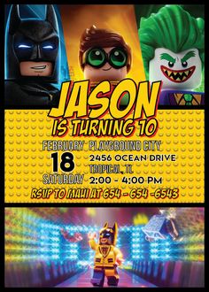 the lego movie birthday party flyer is shown with an image of batman, catwoman and joker