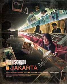 the poster for high school jakrara is shown in black and white, with many pictures