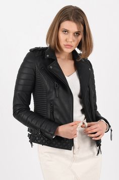 Tight fit biker style leather jacket. Double front fastening zips. Quilted detail & side buckles. Genuine Black Leather Womans Jacket 100% Lambskin Black metal zips/hardware Tight fit Quilted detail Tailored Lapels 2 Outside zipped pockets plus inside pocket which fits an iphone (zipped) Premium Lined Chic/Modern Can be worn anywhere (PLEASE CHECK OUR SIZING GUIDE BEFORE ORDERING) Black Leather Jacket With Metal Zipper For Winter, Womens Leather Biker Jacket, Style Leather Jacket, Cotton Lycra Fabric, Classic Corvette, Lambskin Leather Jacket, Lycra Fabric, Motorcycle Leather, Leather Biker Jacket