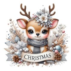 a christmas card with a little deer wearing a scarf and flowers on it's head