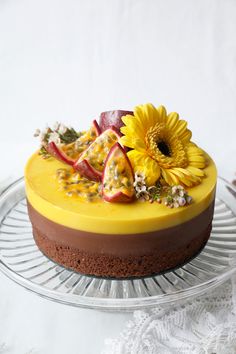 chocolate passion fruit entree cake on a glass platter